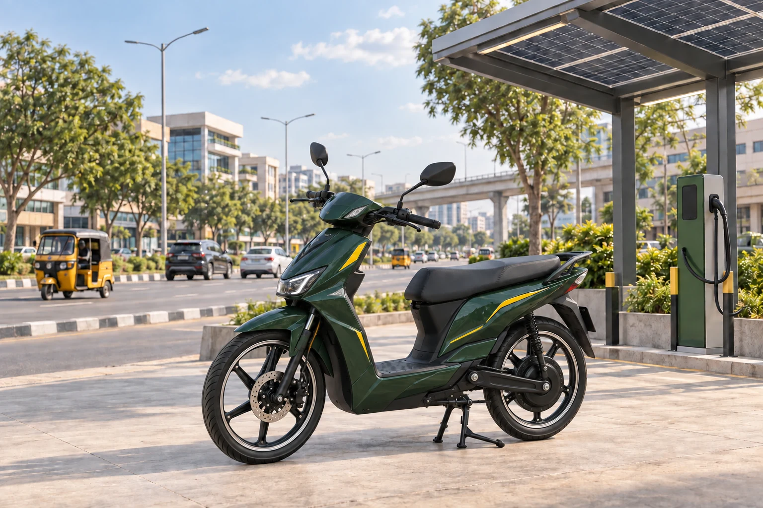 Illustration of a green step-through electric bike at a solar charging forecourt in a modern city